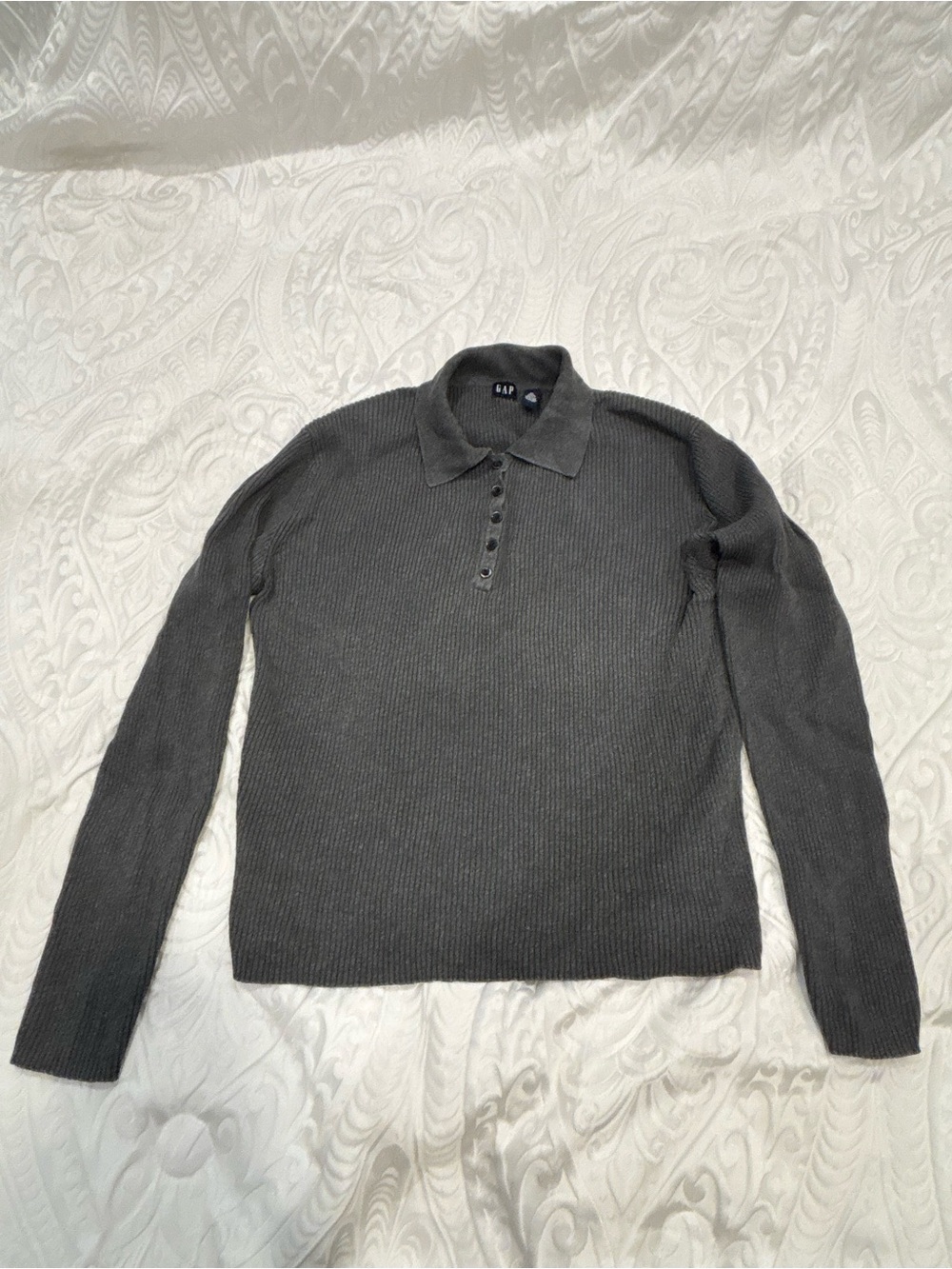 GAP Women's Charcoal Ribbed V-Neck Polo Sweater